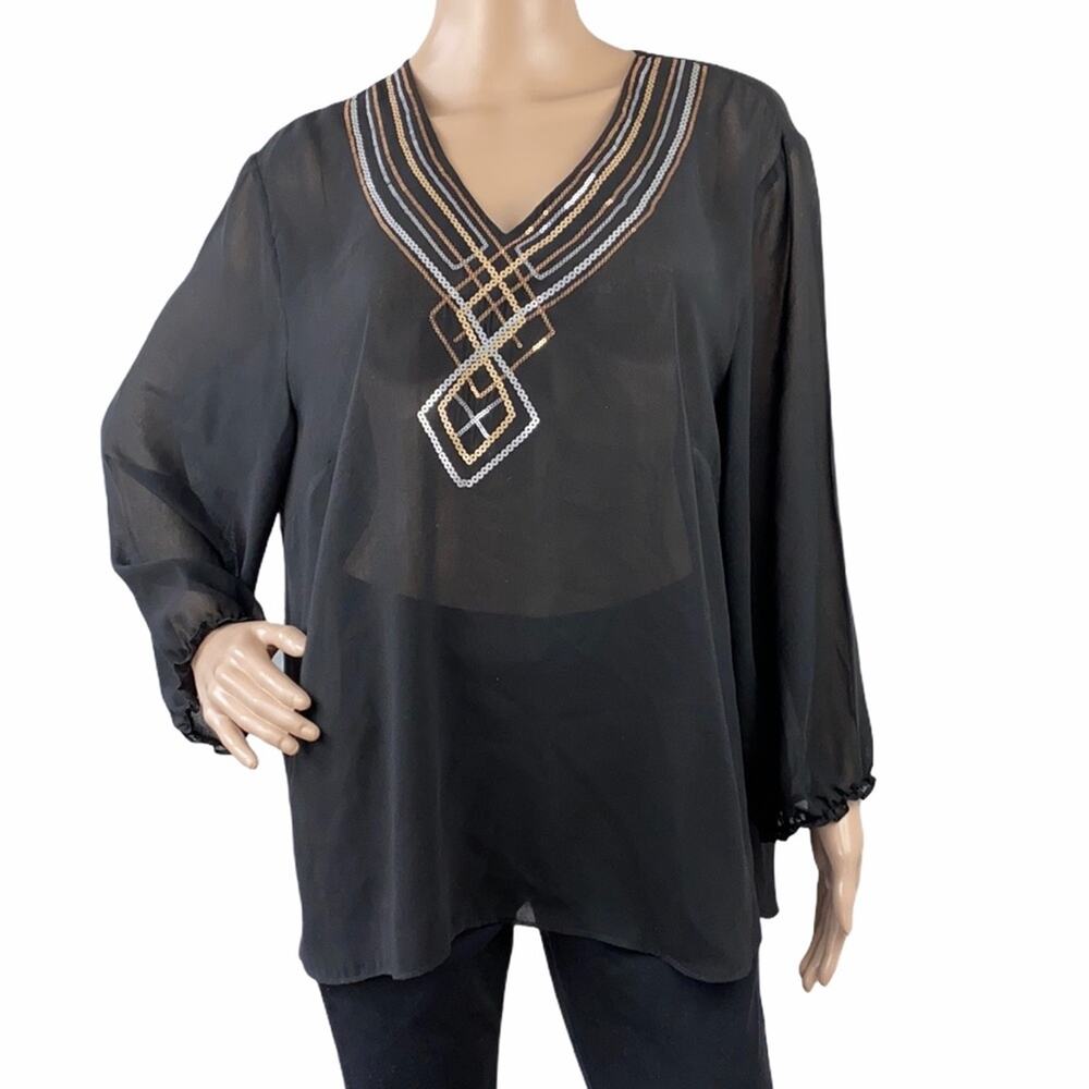 Ellen Tracy Black Sheer Sequined V-Neck Tunic Top XL High Low - Picture 3 of 9